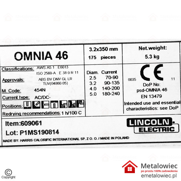 Elektrody Tabela etykieta OMNIA 3.2×350 Żółte Rutylowe LINCOLN ELECTRIC