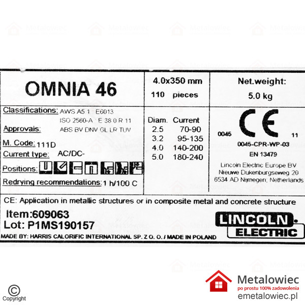 Elektrody Tabela etykieta OMNIA 46 4.0×350 Rutylowe LINCOLN ELECTRIC