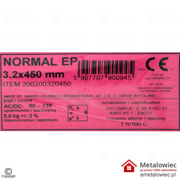 Elektrody Tabela etykieta NORMAL EP 3.2x450 różowa SPAWMET elektrody różowe do spawania spawarką otulina na elektrodach mma