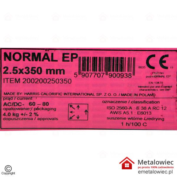 Elektrody spawalnicze NORMAL EP 2.5x350 Tabela różowa etykieta SPAWMET elektrody różowe do spawania spawarką otulina na elektrodach mma