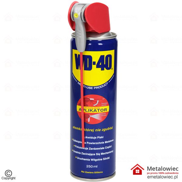 wd 40 250 ml spray z aplikatorem środek penetrująco smarujący zastosowanie w domu samochodzie preparat wielozadaniowy wielofunkcyjny