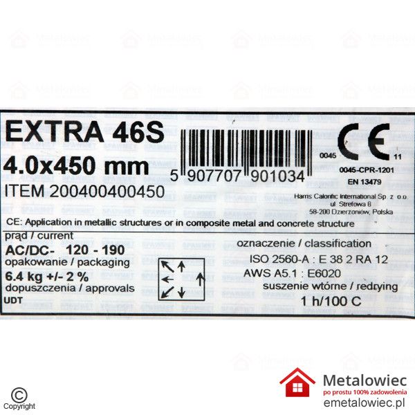 Elektrody Tabela etykieta EXTRA 46S 4.0x450 biała SPAWMET do spawania spawarką
