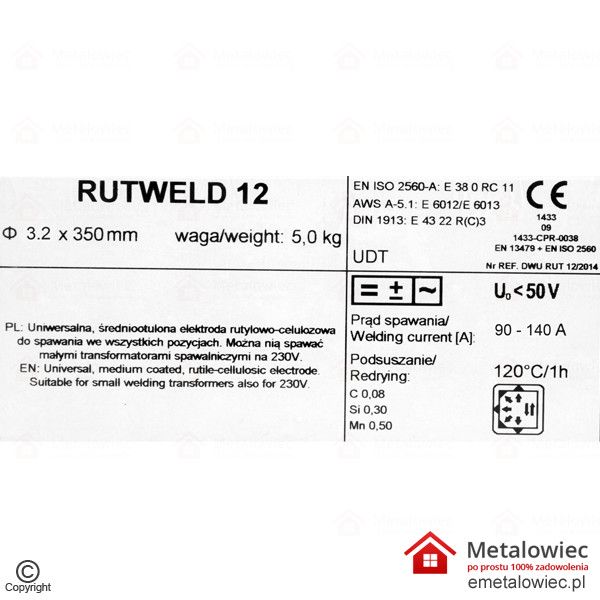 Elektrody Tabela etykieta RUTWELD 12 3.2x350 różowa
