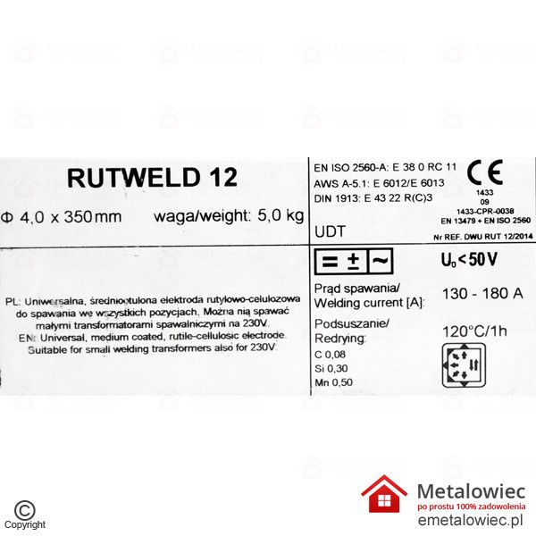 Elektrody Tabela etykieta RUTWELD 12 4.0x350 różowa