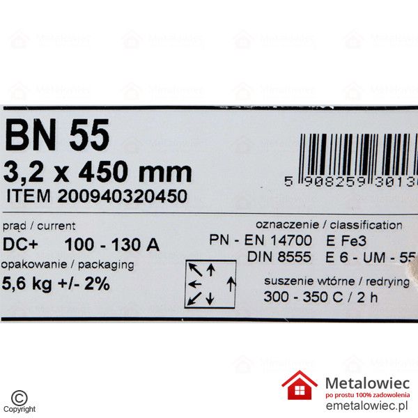 Elektrody Tabela etykieta BN 55 3.2×450 SPAWMET elektrody do spawania spawarką transformatorową